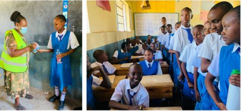 Administration of the drugs in one of the schools in Machakos County (L) and School children queuing to receive the medications (R). Credit: WCO-Kenya